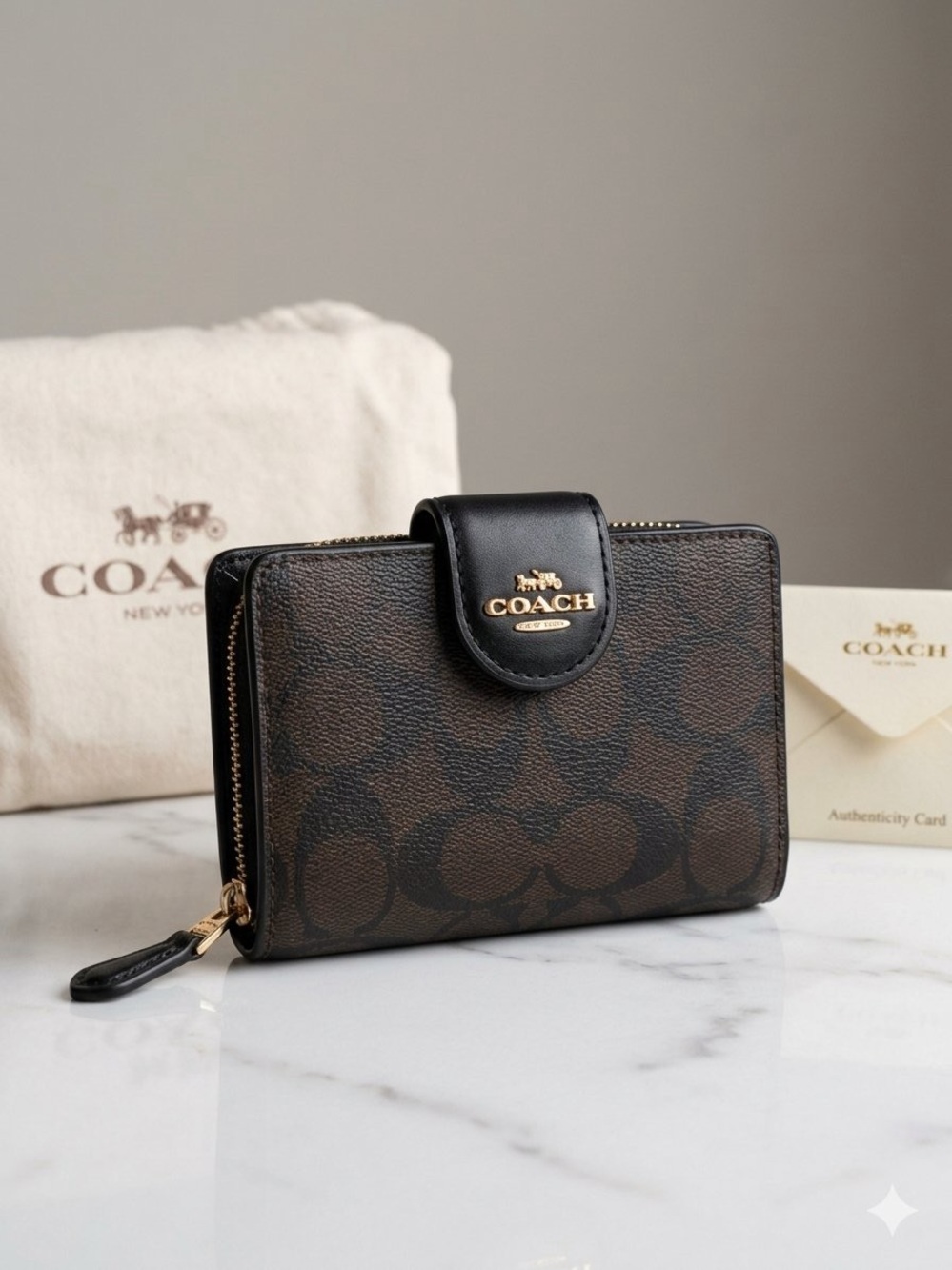 Coach Brown and Black Signature Compact Zip Card Wallet